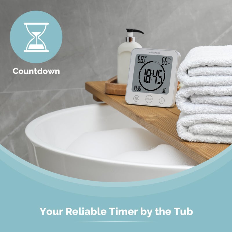 KADAMS Shower Clock Waterproof Bathroom Timer â€“ Digital Wall Clock with Countdown, Magnetic Kitchen Clock with Temperature & Humidity, Suction Cup for Kids Shower Spa Sauna Cook Bath, White - Image 3